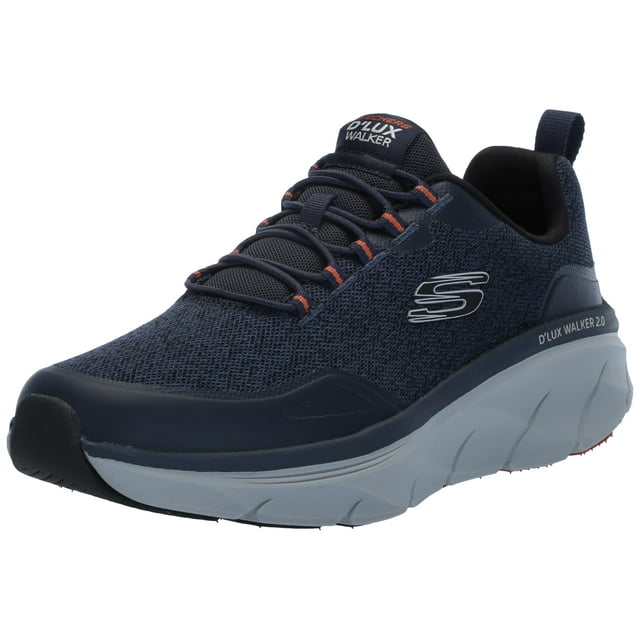 zapatilla skechers d'lux walker 2.0 steadyway para hombre azul 7x-wide vista 3/4 frontal de tenis para caminar, malla atlética azul con refuerzos sintéticos, cordones elásticos, logotipo 'S' lateral, plantilla viscoelástica ventilada y entresuela Microlite EVA de doble densidad en gris claro. Suele usarse también como zapato cómodo para caminatas diarias y paseos largos.