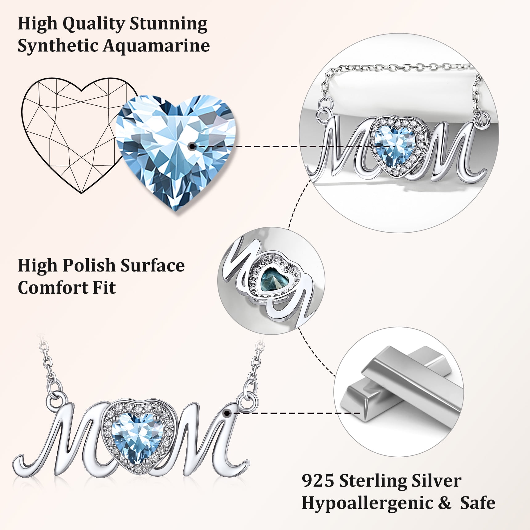 Bestyle Pure S925 Sterling Silver Necklace for Mom Grandma Shiny CZ Heart Pendant Necklace March Created Aquamarine Birthstone Jewelry Mother's Day Gifts
