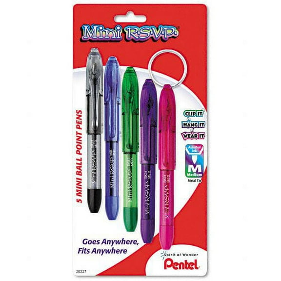 Pentel Mini R.S.V.P. Ballpoint Pen, Medium line, Assorted Ink Colors, 5 Pack (BK91MNBP5M)