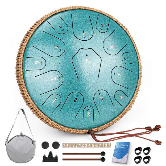 Steel Tongue Drum-14" 15 Note Tongue Pan Drums for Adults, C Major, Carry Bag, Malachite Green