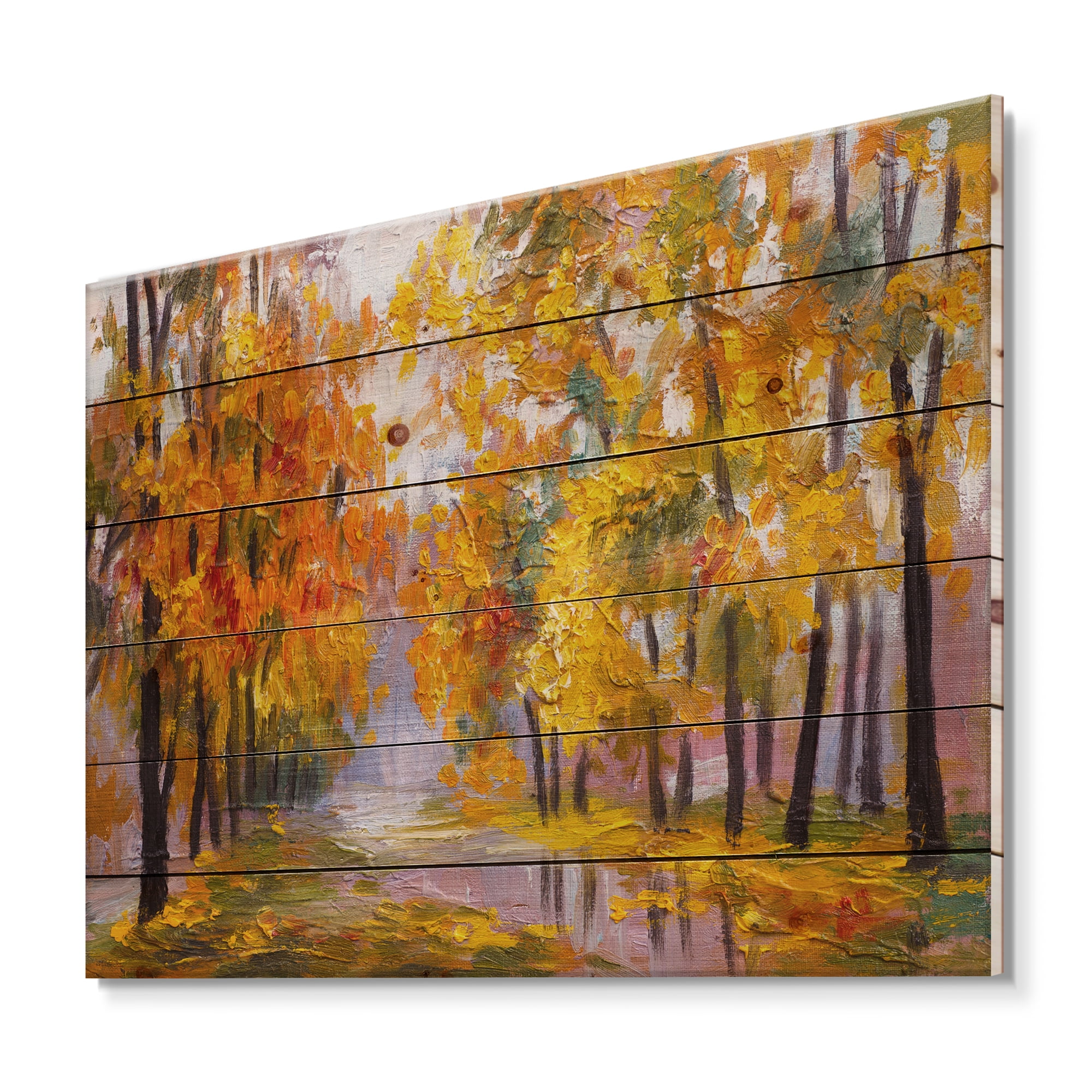 Designart 'Forest Full Of Fallen Leaves In Autumn Along River' Lake House Print on Natural Pine Wood