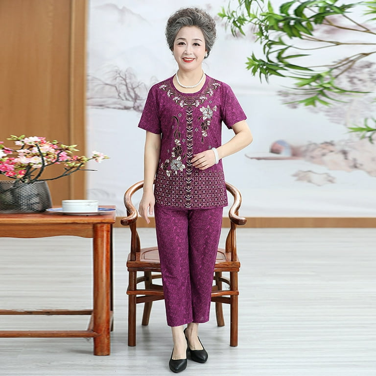 Ice Silk summer women s suit mom old clothes grandma short sleeved T shirt cropped pants two piece suit old lady western style Y Walmart