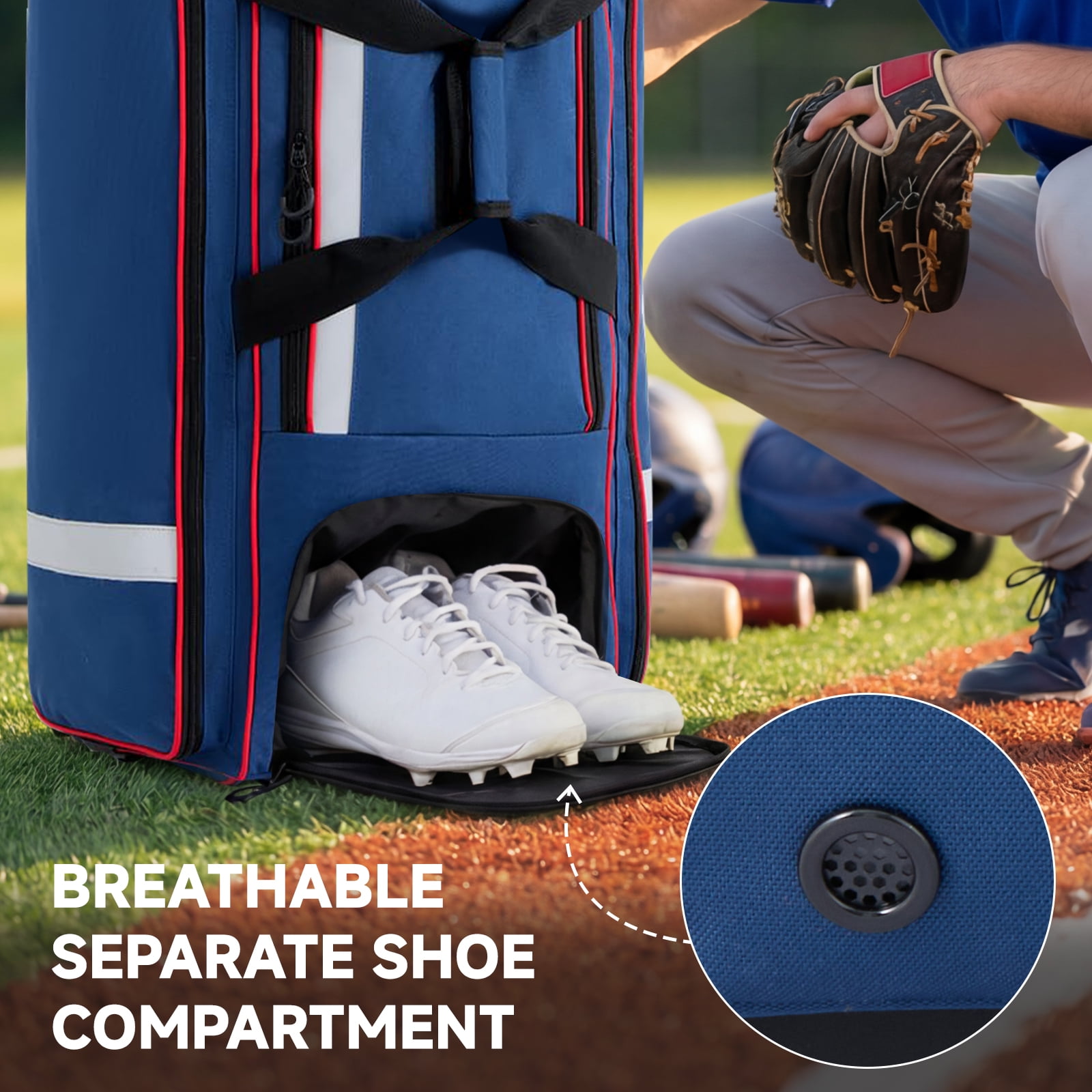 Fegat Rolling Baseball Bag with Wheels,90L Large Softball Bag Catchers Gear Bags for 8 Bats,Equipment Bag with 5 Fence Hooks,Reflective Strip,Shoe Compartment,Holds All Softball Baseball Equipment