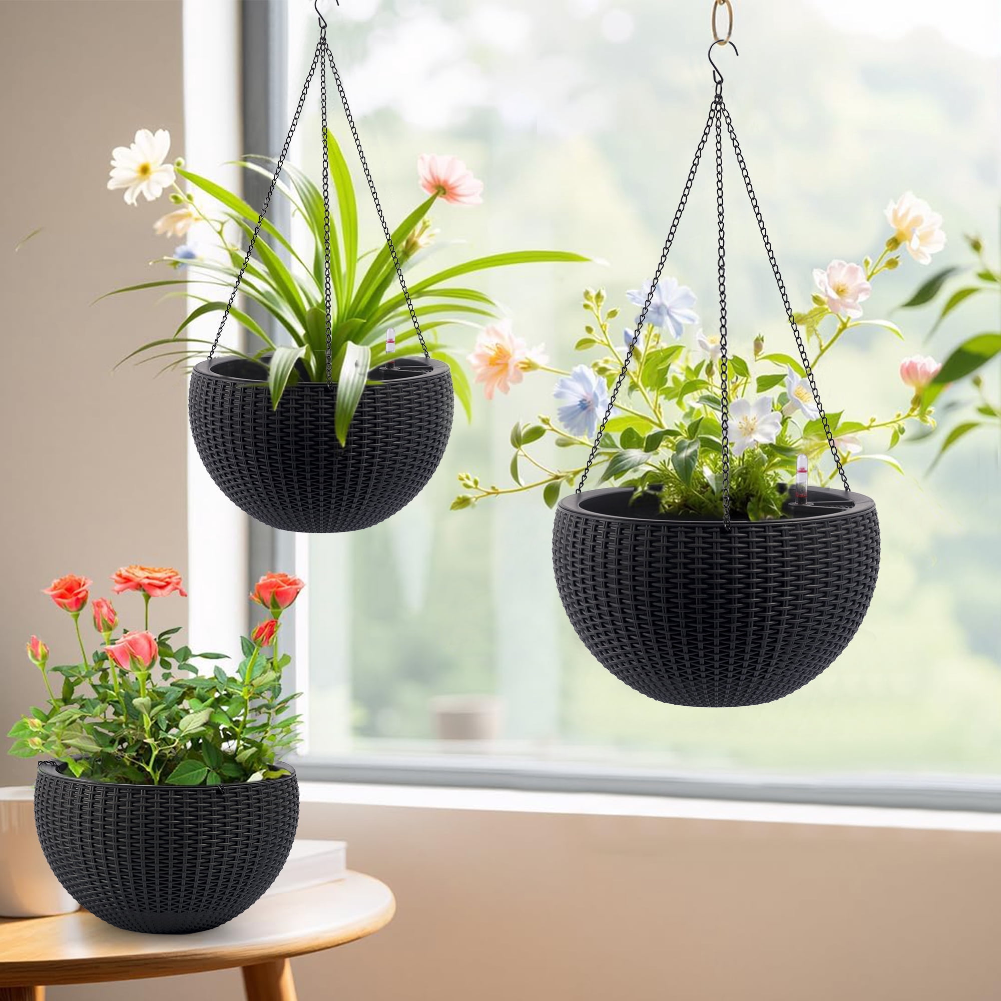 2 Pack Hanging Planters for Indoor Outdoor Plants,13.4 inch Self-Watering Hanging Rattan-Inspired Planter Large Capacity with Water Level Indicator for Home,Garden Decor,Black
