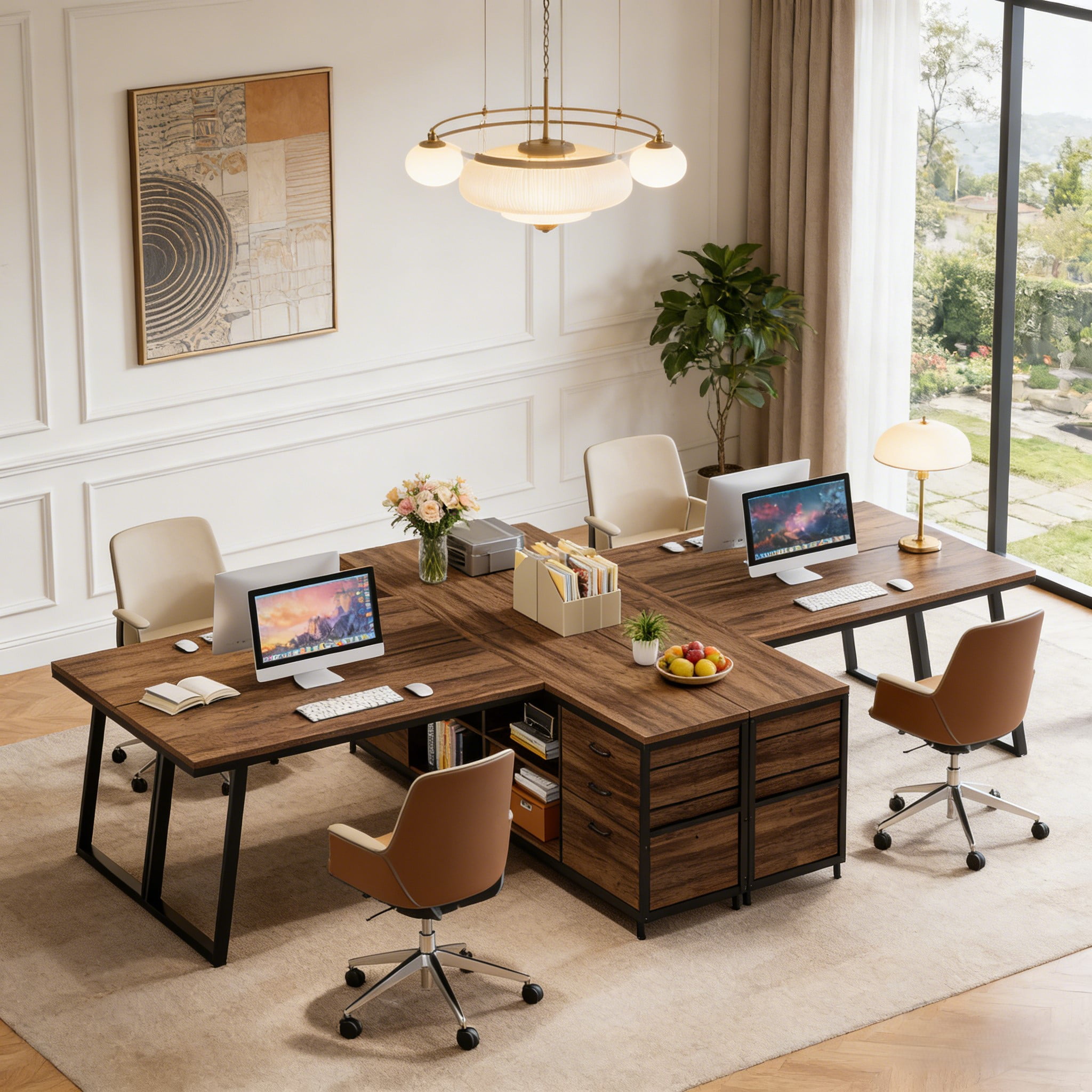 Fnova 53.15" L-shaped Computer Desk with 3 Drawers, Wood Tabletop, Metal Frame Office Desk, Brown