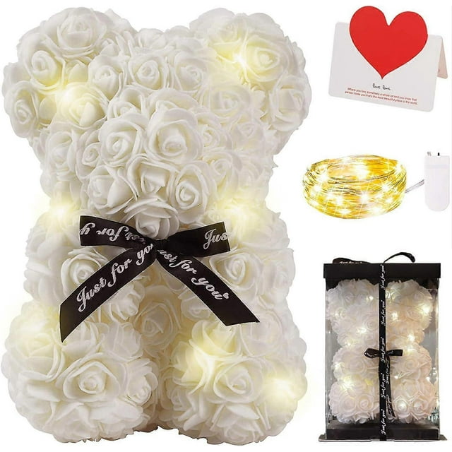 Rose Bear, Rose Bear Teddy Flower with Lights, Best Gift for Valentine's Day, Birthday, Mother's DayWhite