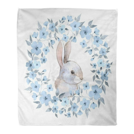 KDAGR Flannel Throw Blanket White Rabbit and Floral Wreath Watercolor in Bunny Soft for Bed Sofa and Couch 50x60 Inches