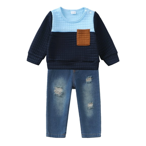 12 Months Baby Boys Clothes 18 Months Boys 2PCS Fall Winter Denim Outfits Set Crew Neck Toddler Boys Long Sleeve Top Denim Pants Set Blue