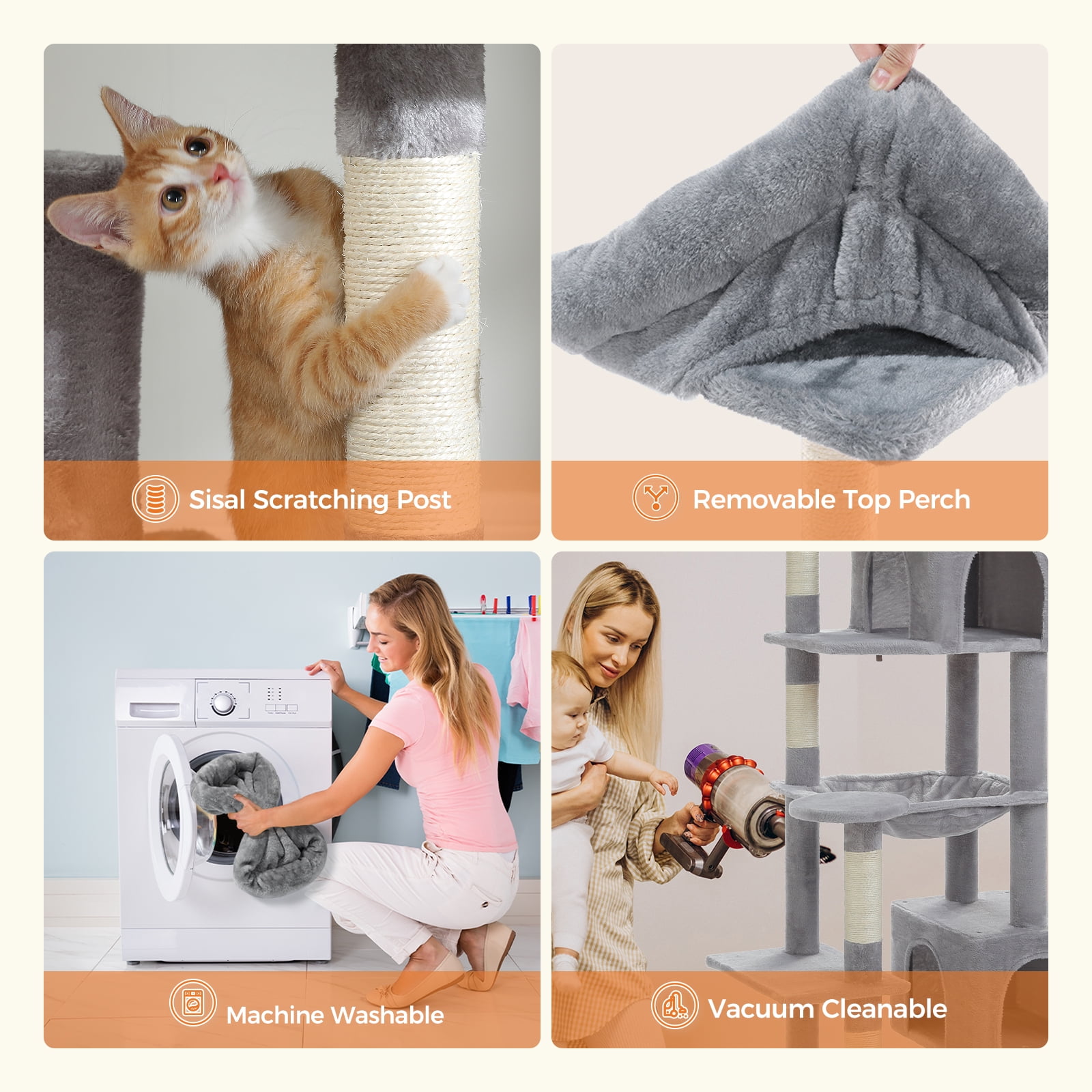 PEQULTI 69" Multi-Level Cat Tree Cat Tower for Indoor Pet with 5 Scratching Post & Hammock Gray