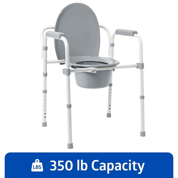 Medline Steel 3-in-1 Elongated Bedside Commode, Foldable Frame, Supports up to 350 lbs, Gray