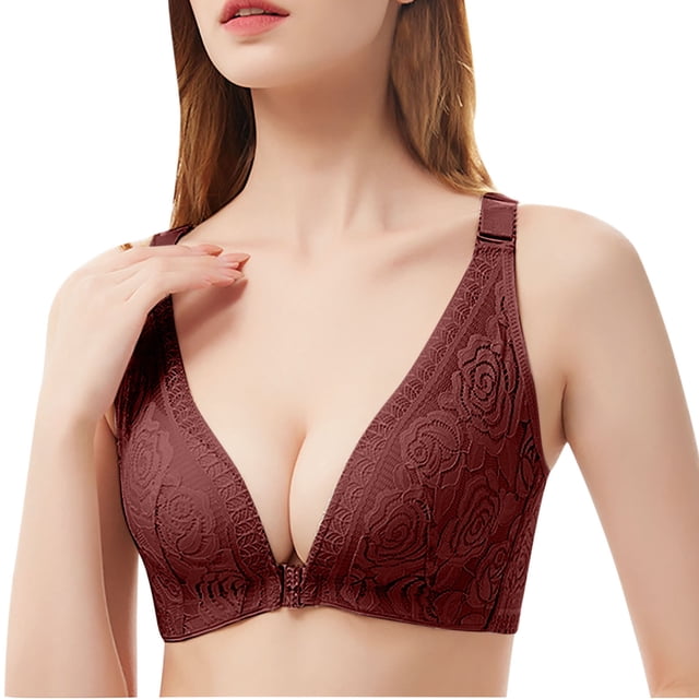 Mefallenssiah Woman'S Fashion Front Closure Rose Beauty Back Wire Free Push Up Hollow Out Bra Underwear (Brown)