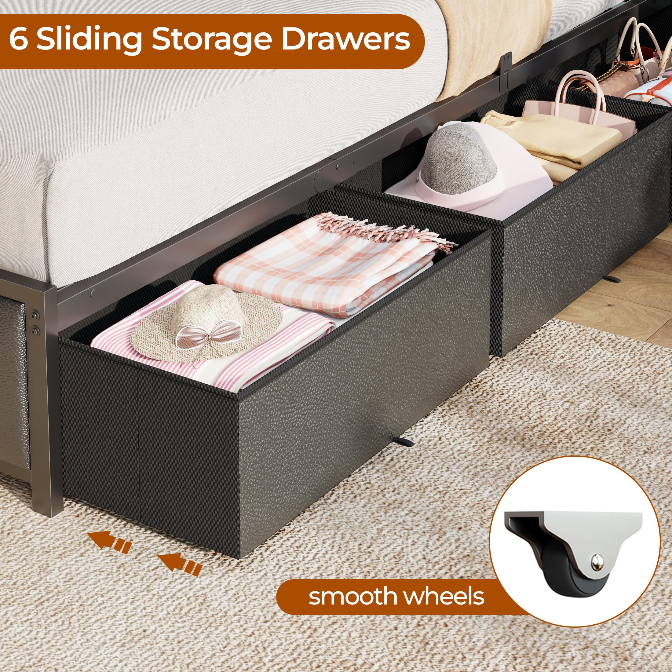 Satifur Full Bed Frame with 6 Storage Drawers, Metal Platform Bed Frame with 2-Tier Upholstered Storage Headboard & LED, Built in Charging Station, Noise-Free, No Box Spring Needed, Black