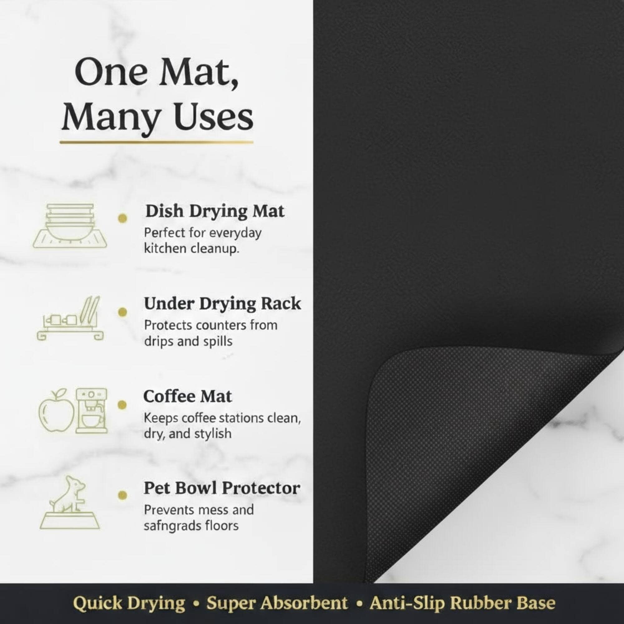 STRABELLA: Dish Drying Mat - 24x16", Black - Super Water Absorbent, Quick Dry Foam, Multi-Purpose, Kitchen Countertops, Non-Slip, Machine Washable