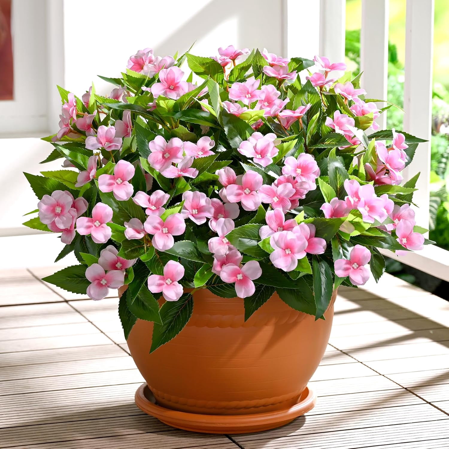 5 Ppcs Artificial Flowers for Outdoors, UV Resistant Faux Flowers for Outdoor Planters, Silk Impatiens Bouquet Pink Spring Artificial Plants for Garden Porch Patio Balcony Yard Decoration