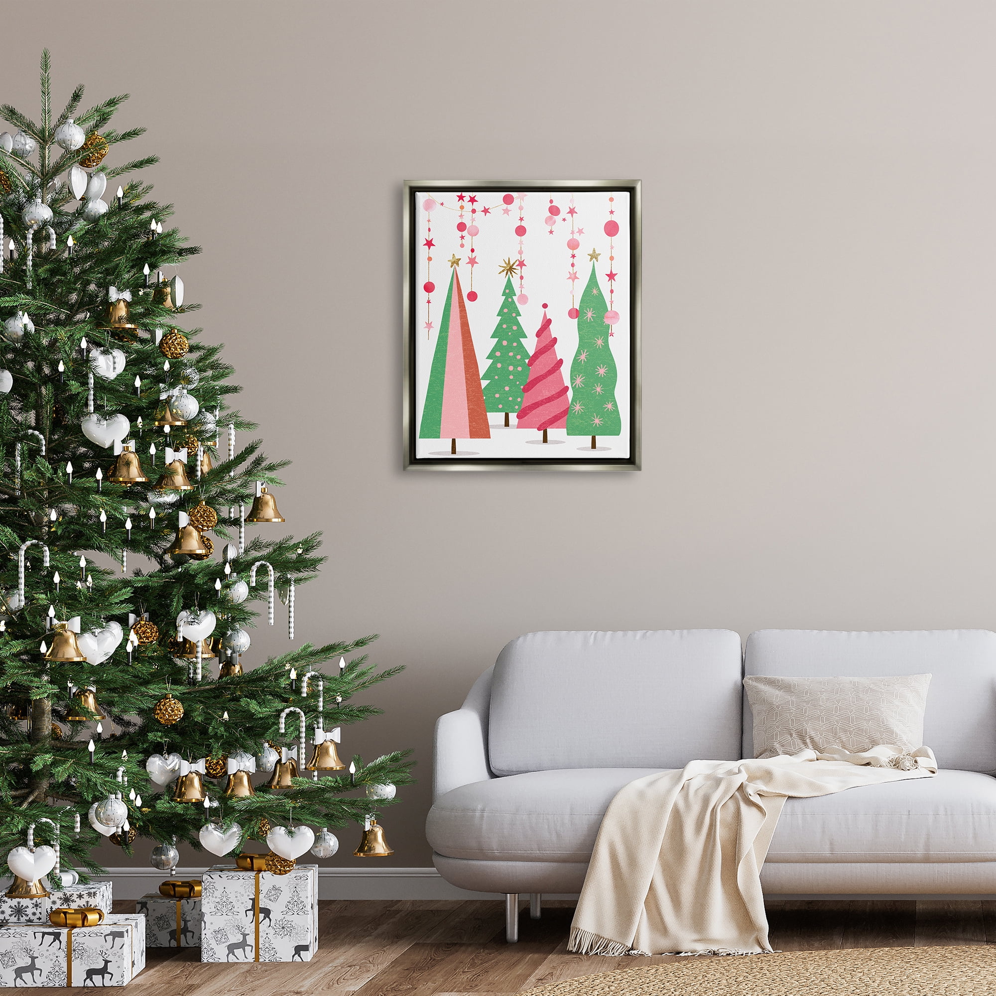 Stupell Industries Pink & Green Christmas Trees Holiday Painting Gray Floater Framed Art Print Wall Art
