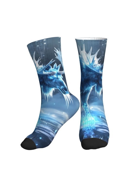 Crew Socks for Women Men Athletic - Frozen Blue Mystic Moose Soft Comfort Breathable Mid-Calf Sole Running Socks Womens Men