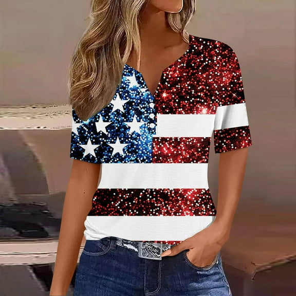 Sakmal V-Neck Womens Shirts Dolman American Flag Short Sleeve Red Sequin Graphic Tees T-Shirts Going Out Tops