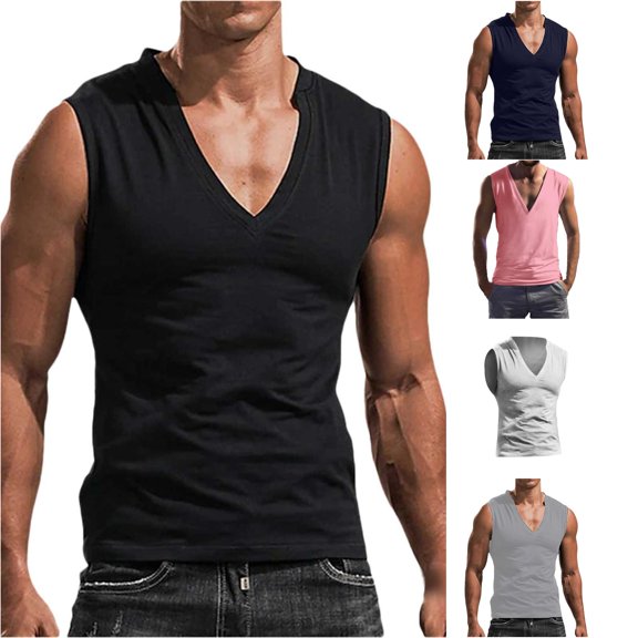 XIAONU Solid Tank Top for Men V Neck Sleeveless Fitted Workout Shirt