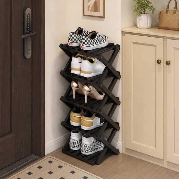 LUOLUO 5-Tier Foldable Shoe Rack,Bamboo Shoe Organizer Storage for Entryway Closet,Free Standing,Black