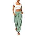 thumbnail image 6 of Hurxie Womens Linen Wide Leg Striped Pants Casual Barrel Loose Drawstring Low Waist Palazzo Harem Pants with Pockets Army Green,L, 6 of 6