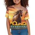 thumbnail image 3 of Uourmeti Horse Sunflower Girls Short Sleeve Crop Top Summer Short Crewneck Pullover Southwest Africa Aztec Loose Breathable Sports T-Shirt for 5-14Y Kids, 3 of 5