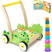 Pidoko Kids 1 Year Old Boy Girl Gifts - Wooden Baby Walker - Includes Stacking Cups, Dinosaur Themed Blocks and a Book