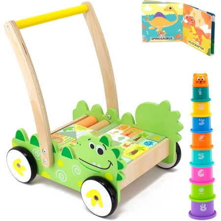 Pidoko Kids 1 Year Old Boy Girl Gifts - Wooden Baby Walker - Includes Stacking Cups, Dinosaur Themed Blocks and a Book