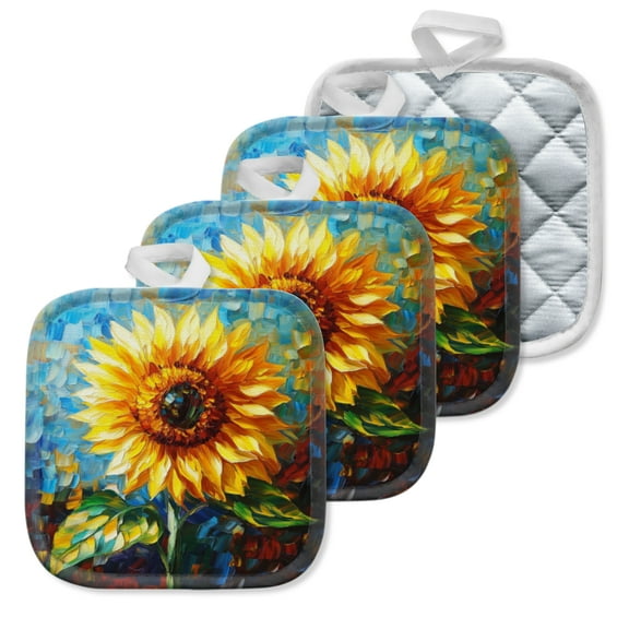 4 Pack Pot Holders,Kitchen Essential, Potholder Set,Sunflower In Oil Painting With Bold Brushstrokes