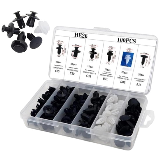 HE26 100Pcs Universal Expansion Screw Clips Set | C05 C20 C32 B01 D02 A16 Assorted Sizes | Car Clips for Mudguard, Leaf Plates & Door Panel | Automotive Replacement Accessories