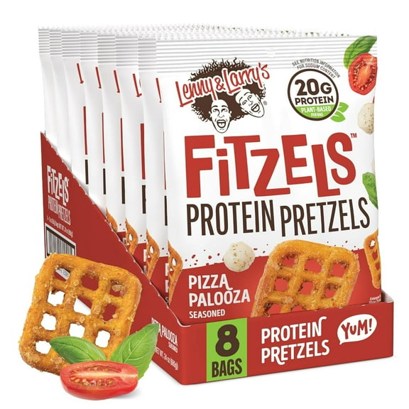 Lenny & Larry's Pizza Palooza FITZELS- TVS1 Savory Pretzel Snacks Incredibly Tasty High Protein, Salty, Vegan 20 g's of Plant Based Protein 8 (eight) Bags, 3 oz Each