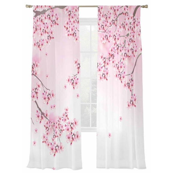 Cherry Blossoms Sheer Curtains 96 Inch Long 2 Panels, Spring Flower Pink Gradient Background Light Filtering Rod Pocket Semi Sheer Curtains, Sheer Voile Drapes for Living Room Bedroom, 52"x96"
