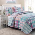 thumbnail image 1 of Cozy Line Home Fashions Courtepointe Réversible 100 % Coton Véritable Patchwork Rose Bleu Vert, Ensemble de Literie, Couvre-Lit, Jeté de Lit (Carreau Rose, Lit Simple - 2 Pcs), 1 of 1