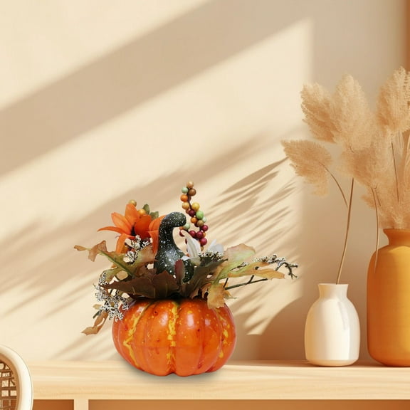Artificial Pumpkins Decorations,Decorative Fabric Orange Pumpkin with Maple Berry Acorn Pine Cone Vegetables for Fall Thanksgiving Harvest Party Home Tabletop(Green)