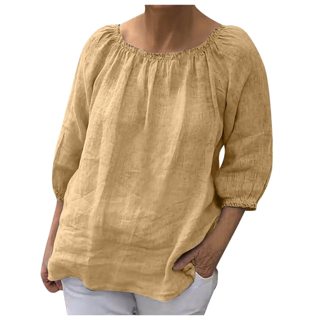 AherBiu Hauts Grande Taille pour Femmes Manches 3/4 Été Chemises en Coton Lin Décontractées Coupe Ample Col Rond