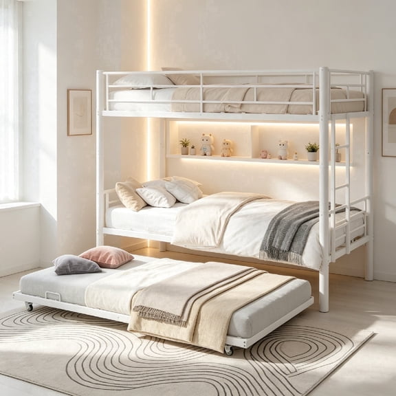 Morufur Twin over Twin Bunk Bed with Twin Size Trundle, Metal Bed Frame with Guardrails and Ladder, Noise-Free, No Box Spring Needed, White