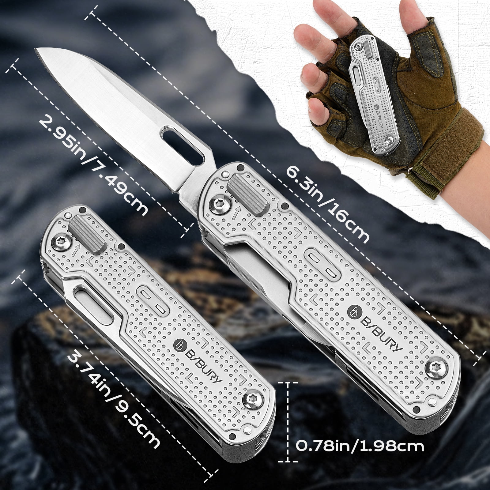 BIBURY Multitool Pocket Knife BI2056, Stainless Steel Multi Tool Knife with Clip, Folding Multitool EDC Knife with Magnetic Locking,Screwdriver,Large Scissors,Glass Breaker for Survival Camping