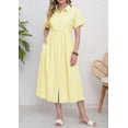 thumbnail image 3 of sicmoss Summer Women's Yellow Striped Cotton Short Sleeve Shirt Dress Midi Long Relaxed Fit with Button-Down Collar, 3 of 4