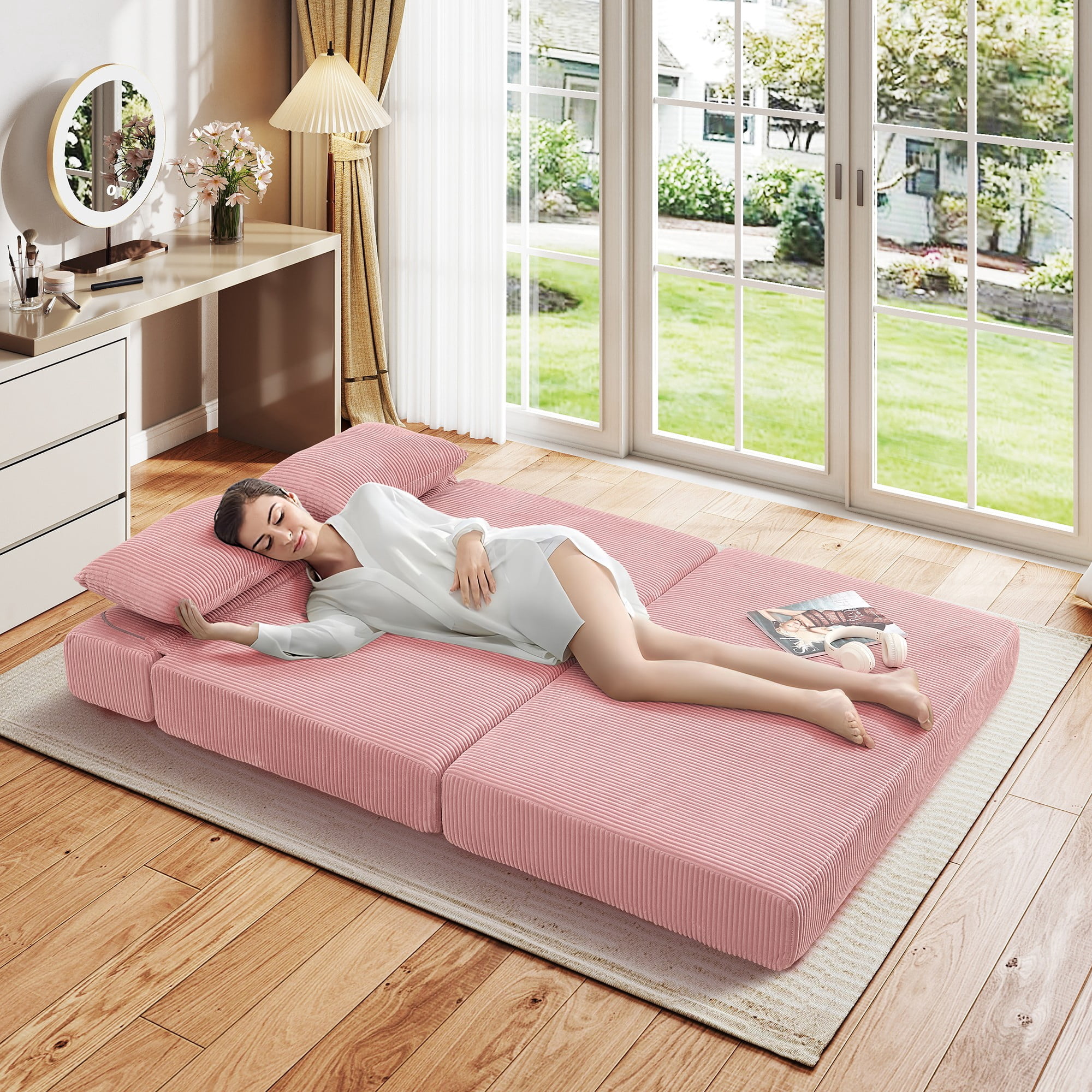 Aukfa Full Size Folding Sofa Bed, Loveseat Sleeper, Corduroy Convertible Floor Couch Mattress for Living Room, Dorm, Guest Room, Pink