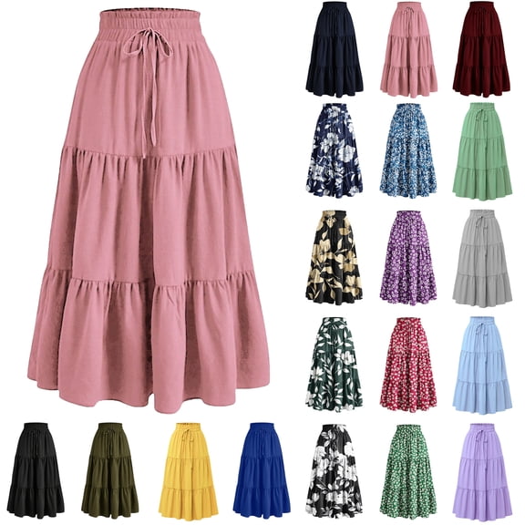 Skirt for Women Summer Casual High Waist Drawstring Maxi Skirts Trendy A-Line Solid Color Long Skirts with Pockets S-2XL