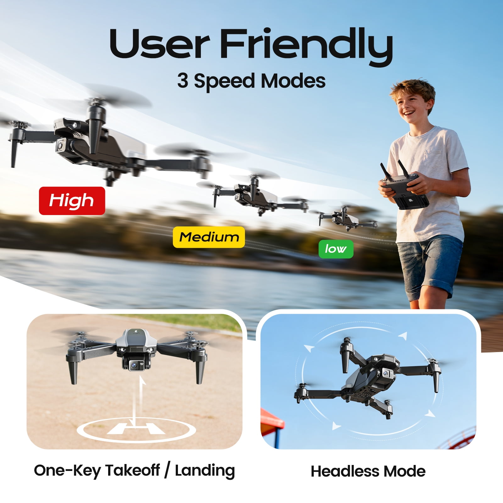 Wefone H30 Foldable Drone with Camera, Lightweight, User-Friendly, 360° Flips, Altitude Hold, Optical Flow Positioning, 3 Batteries, Black