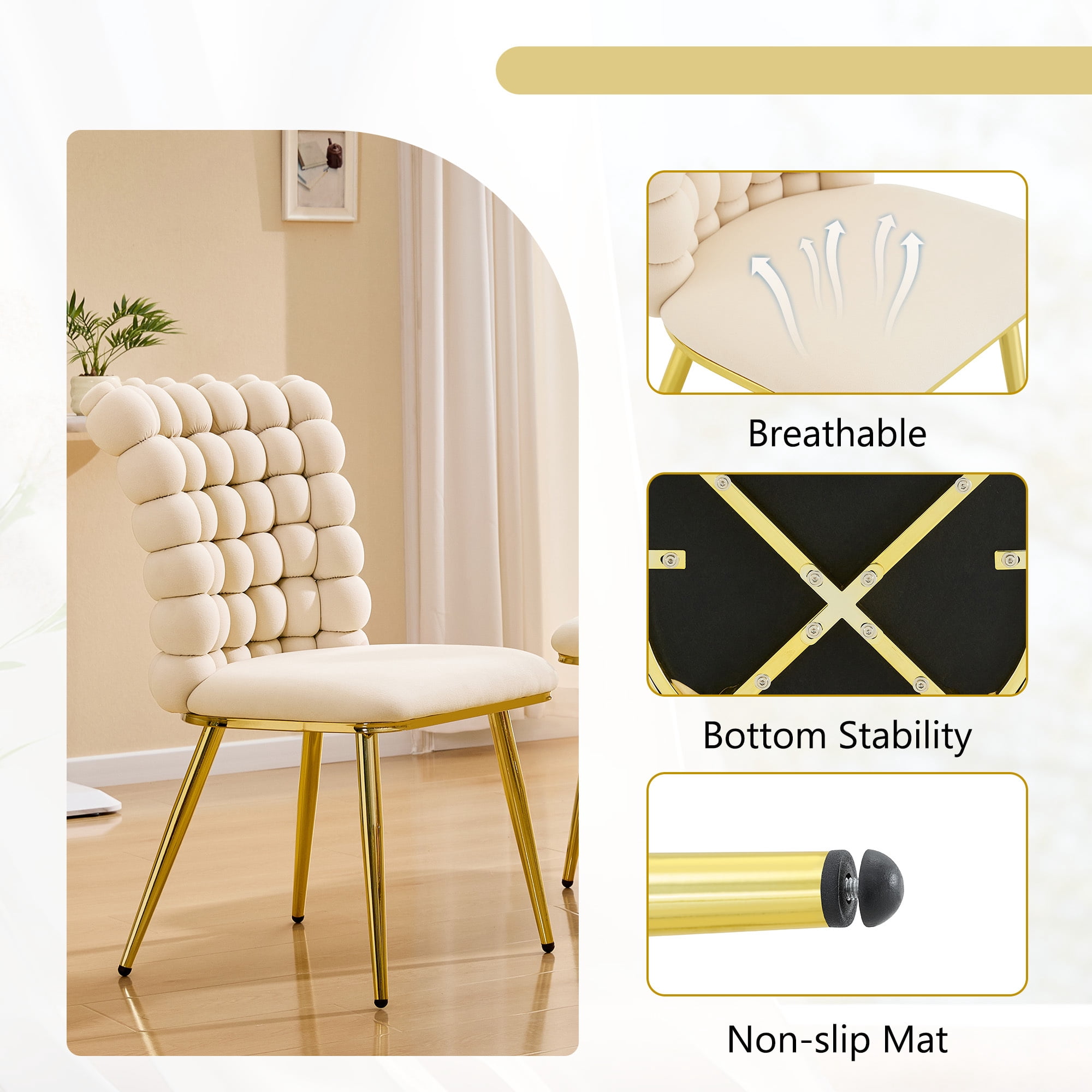 Leumius Set of 2 Luxury Bubble Tufted Swivel Chair, Premium Velvet Upholstered Accent Chair with Gold Metal Frame, Ergonomic Space-Saving Desk Chair for Modern Interiors Beige