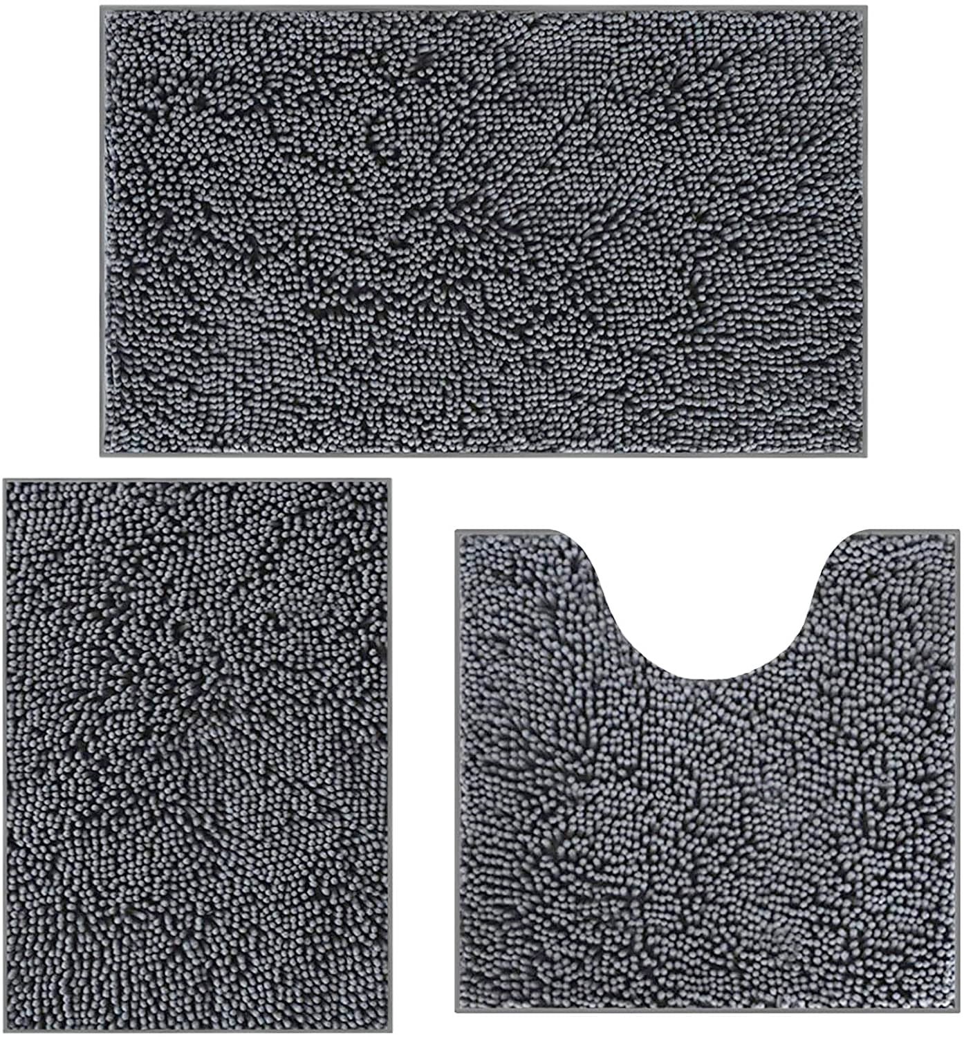 RUseeN Bathroom Rugs Sets 3 Piece Chenille Microfiber Bath Rug Non-Slip Bath Mats with Soft Plush PVC Backing Water Absorbent Carpet 1'' Quick Dry Microfiber Toilet Mat, Deep Gray