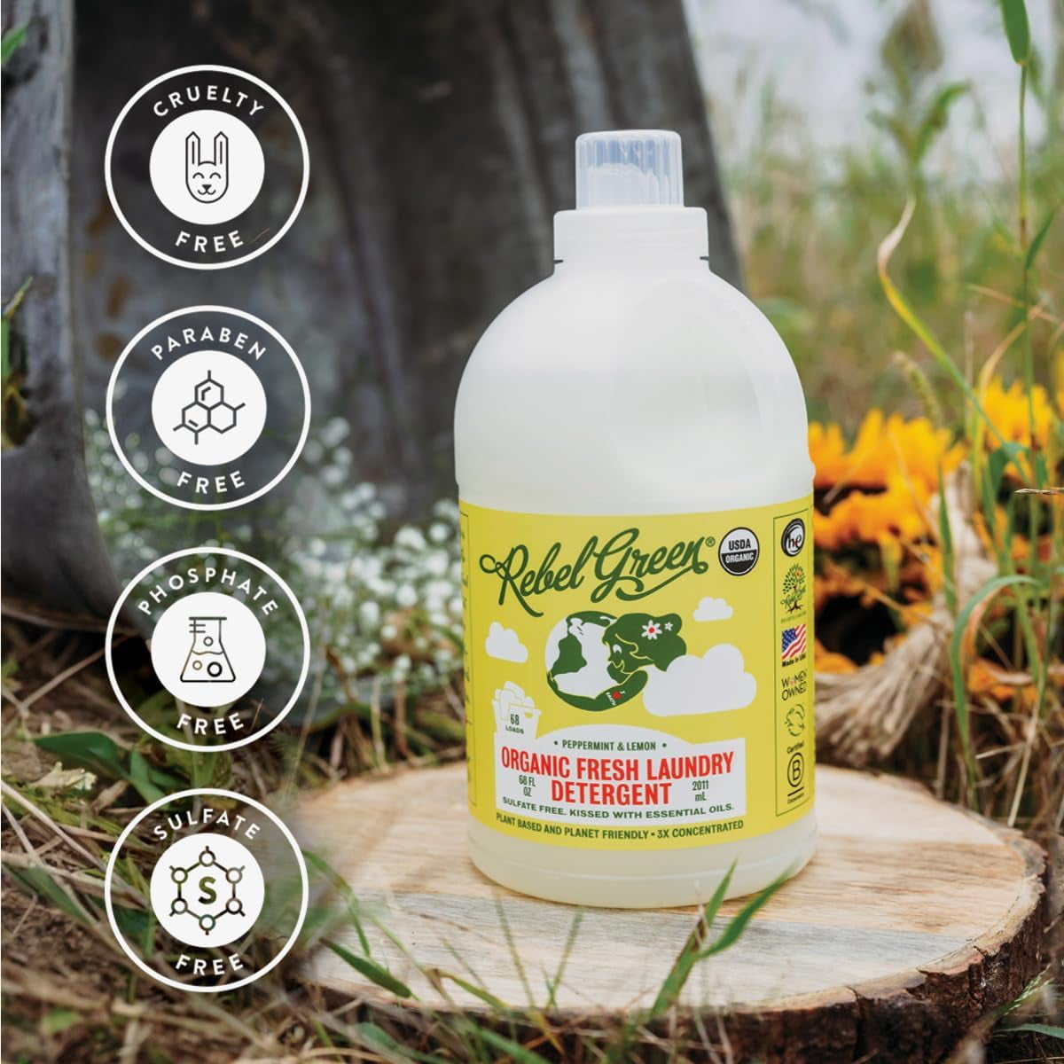 Rebel Green Organic Laundry Detergent - Natural Laundry Soap - Liquid Laundry Detergent with Dispenser Cup - Gentle Laundry Detergent - Fresh Peppermint & Lemon Scent - (68 Load Bottles, 2 Pack)