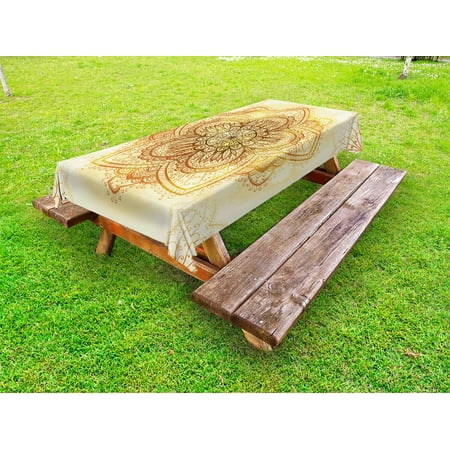 

Eastern Outdoor Tablecloth Artistic Old Mandala on Grunge Backdrop Asian Traditional Motif Decorative Washable Fabric Picnic Table Cloth 58 X 84 Inches Dark Orange and Pale Yellow by Ambesonne
