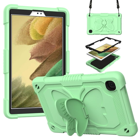 for Samsung Galaxy Tab A7 Lite 8.7" 2021 SM-T225 / SM-T220 Case for Kids, with Butterfly Wings Kickstand Shoulder Strap Heavy Duty Rugged 2 In 1 Silicone PC Cover, Green