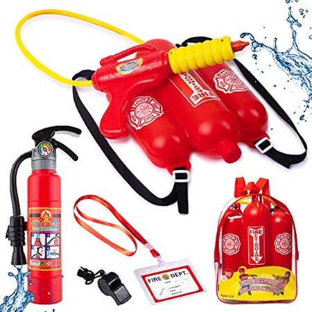 Born Toys 5 Piece Premium Firefighter Water Gun Toy Set and fire Toy Extinguisher. for Fireman Costume, Outdoors, Pools, Summ