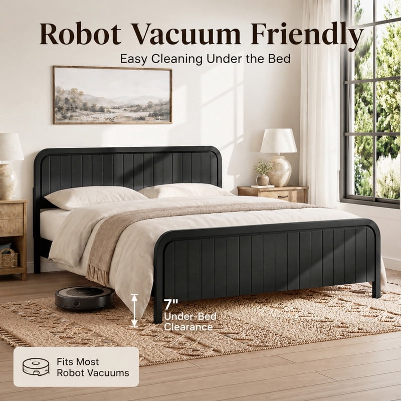 Queen Size Low Profile Bed Frame with Striped Headboard & Footboard, Wood Platform Bed with Slats Support & 7'' Under-Bed Space