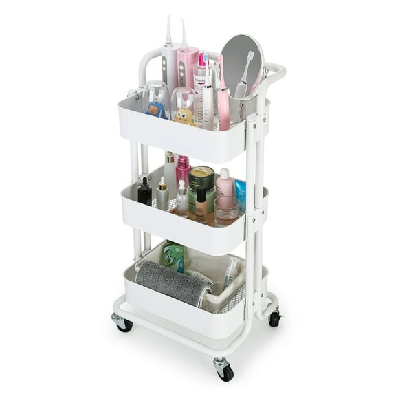 Mllieroo 3-Tier Rolling Utility Cart Multi-function Organizer Shelf Mental Kitchen Organizer Rack Tower Rack with Wheels Trolley Cart,White