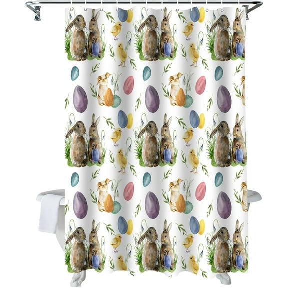 Easter Shower Curtain Watercolor Bunny Chicken Shower Curtains for Bathroom Decor Easter Eggs Spring Flowers Bath Curtains Sets for Spring Easter Bathroom Decor Fabric Waterproof Standard 72" X 72"