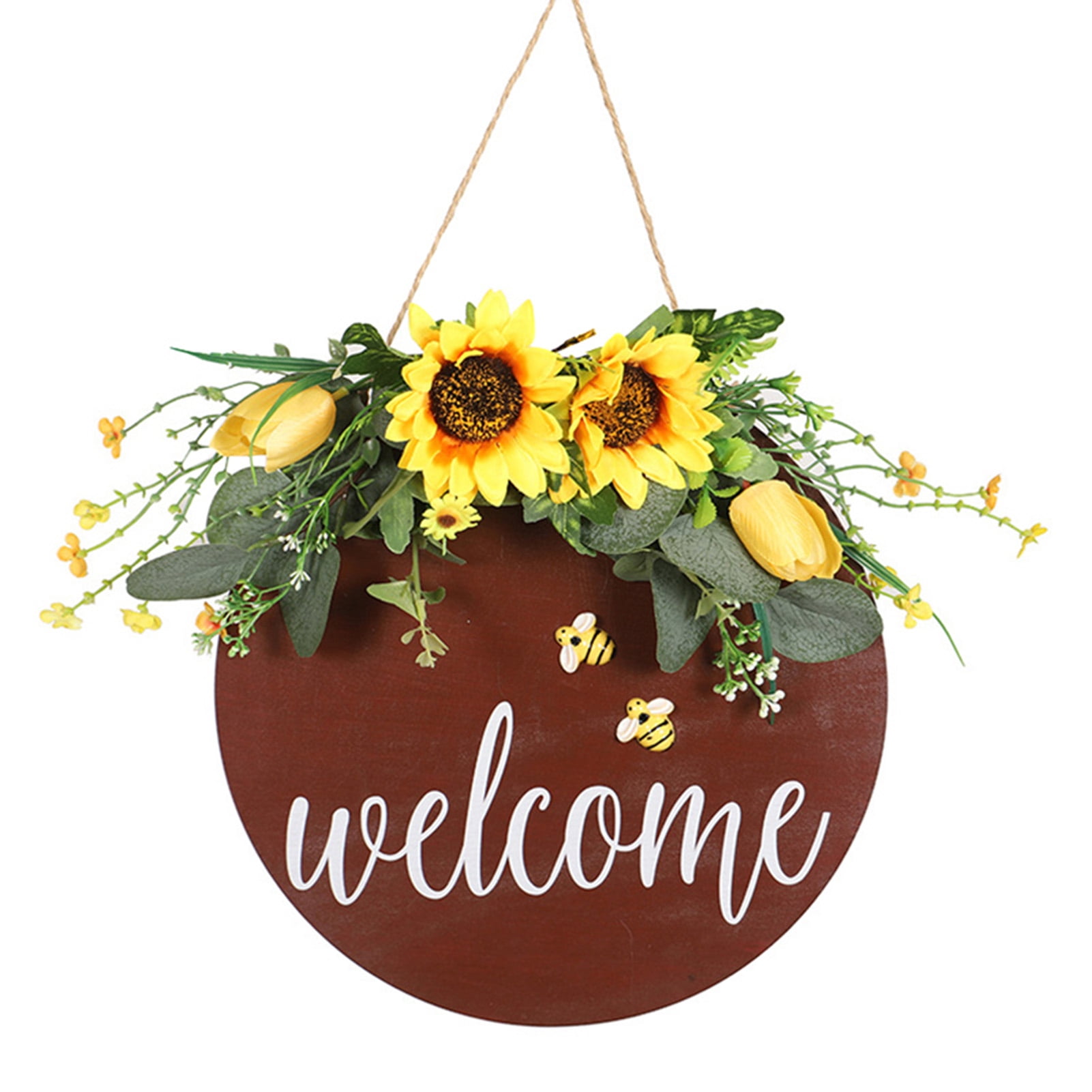 Wooden Round Front Door Welcome Sign Hanging Decorative Rose/Sunflower Garland 